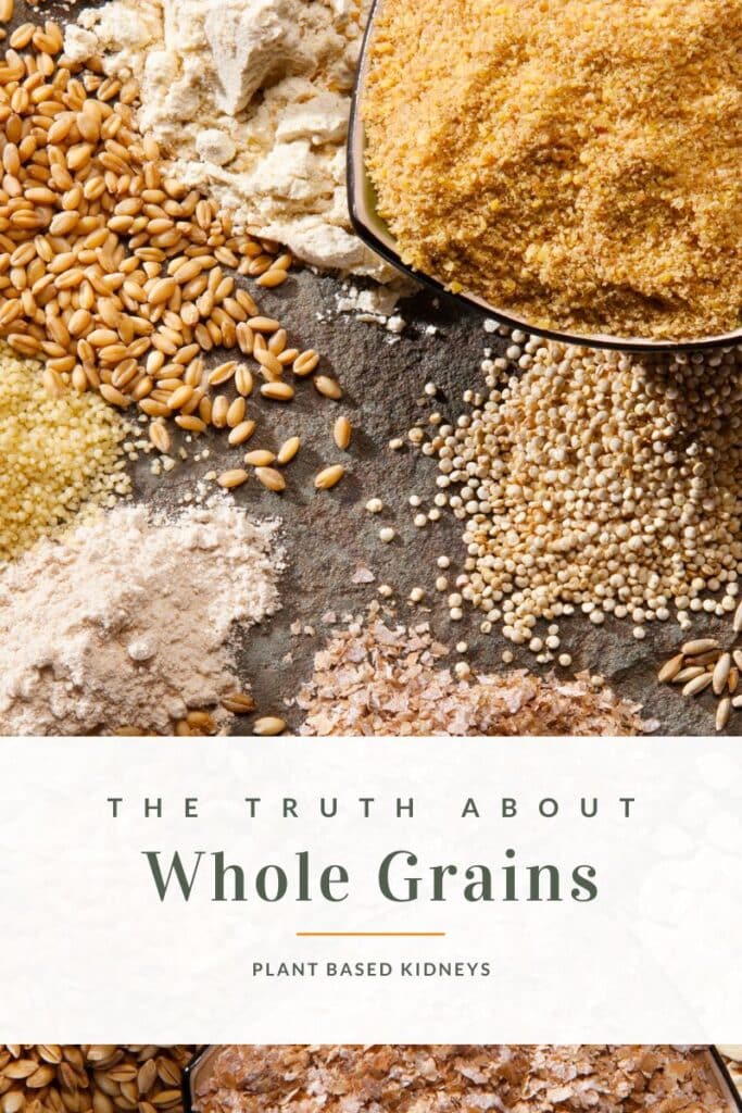 Photo of different whole grains with title of blog post, "The Truth About Whole Grains"