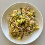 Cucumber quinoa salad with red onion, basil, and a garlic lemon dressing.
