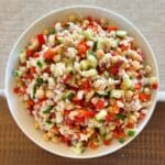 Kidney-Friendly Barley & Veggie Salad with barley, onion, bell pepper, cucumber, chickpeas and a lemon garlic dressing.