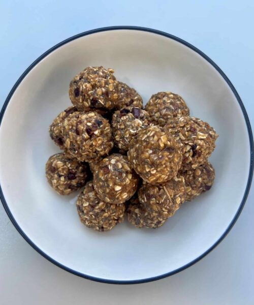 Bowl of peanut butter oatmeal balls.
